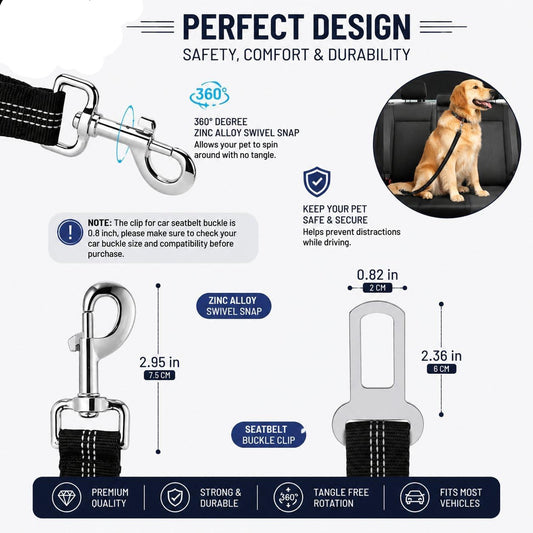Dog Seat Belts for Cars - Dog Seat Belt Adjustable Elastic Bungee - Strong Durable Dog Car Harness - Car Dog Seat Belt 360 Degree Swivel Attach Won't Twist, Reflective, Easy to Use (BLACK)