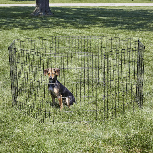 New World Folding Metal Dog Exercise Pen and Pet Playpen with No Door, Includes Grounding Stakes and Provides 1.5 Meters of Play Space, 76cm Tall, Black E-Coated