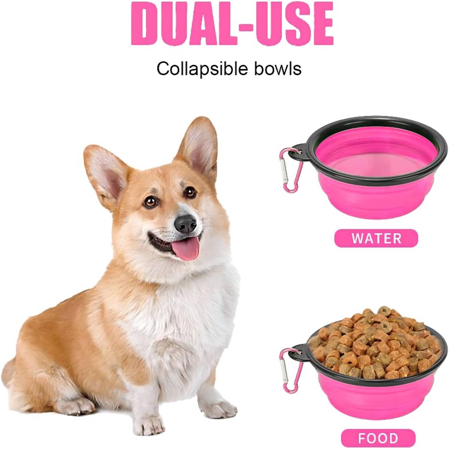 Collapsible Dog Bowl,Collapsible Dog Water Bowls for Cats Dogs, Portable Pet Feeding Watering Dish,Portable Dog Water Food Bowl with Carabiner (Small(350ML), Pink)