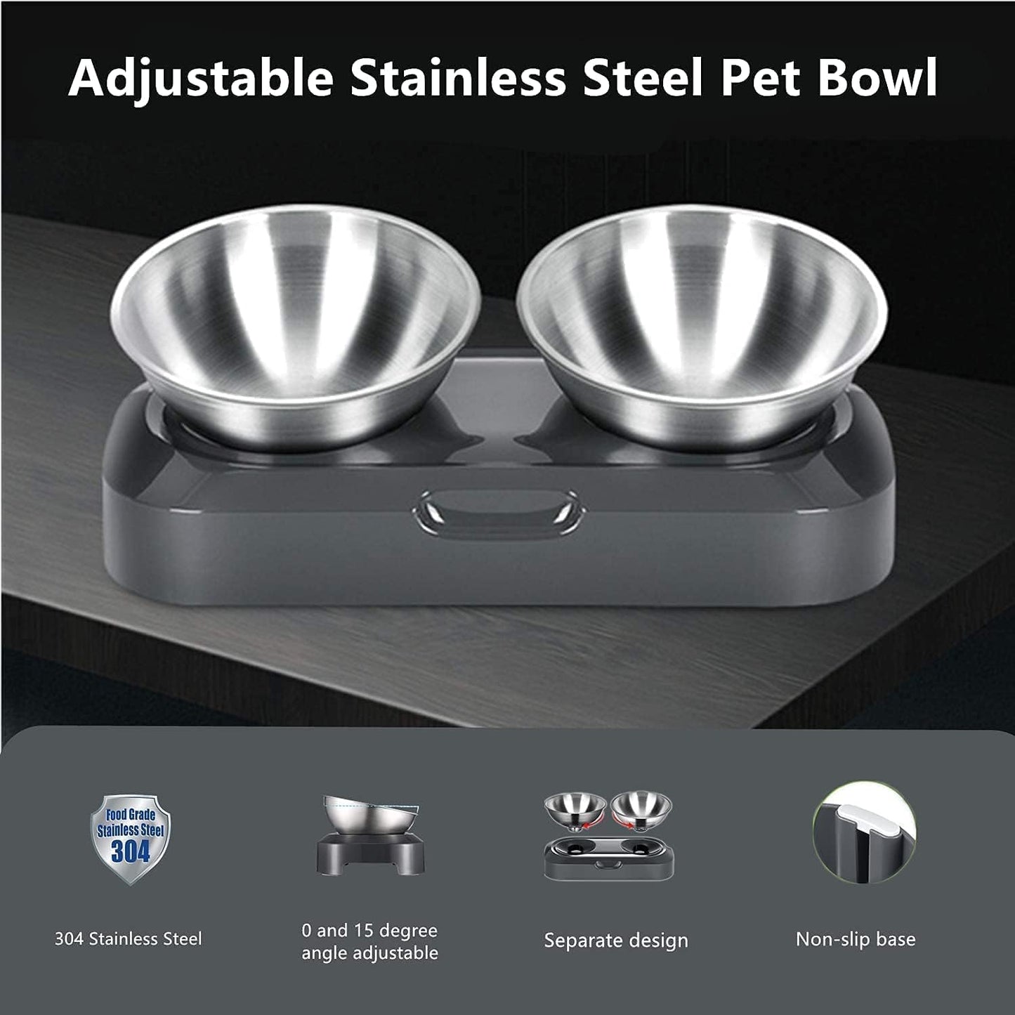 Cat Bowls with Stainless Steel, 15° & 0° Tilting Neck Protective Bowl Easy to Clean & Non-Slip Silicone Mat Raised Puppies Food Feeder for Pets, Cats Small Dogs and Food and Water Feeding