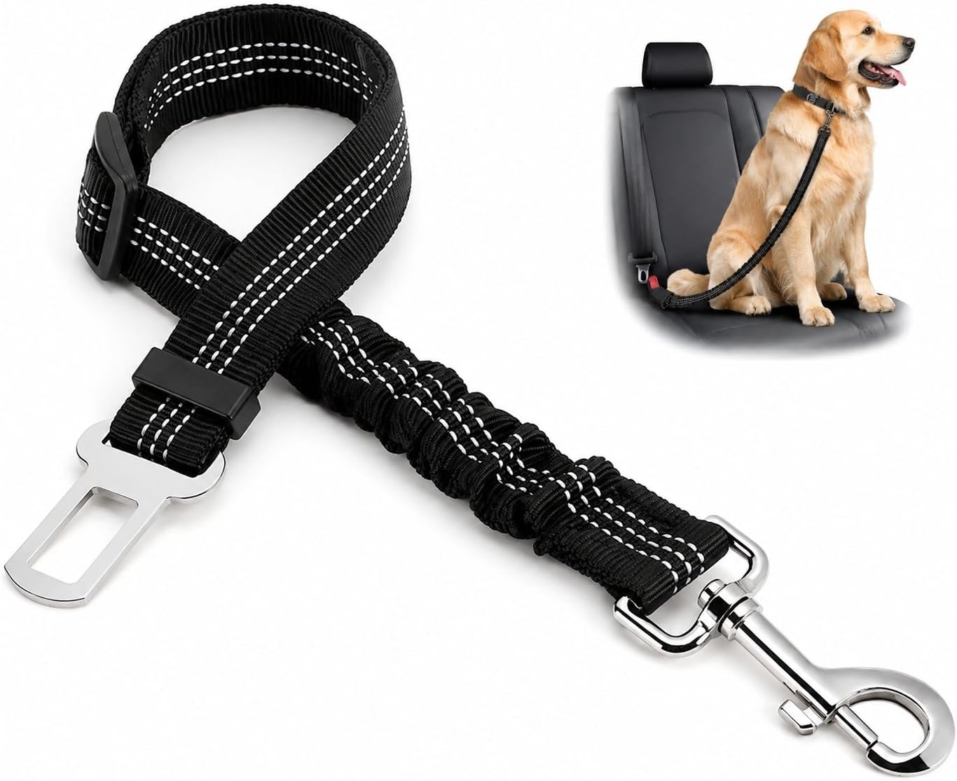Dog Seat Belts for Cars - Dog Seat Belt Adjustable Elastic Bungee - Strong Durable Dog Car Harness - Car Dog Seat Belt 360 Degree Swivel Attach Won't Twist, Reflective, Easy to Use (BLACK)