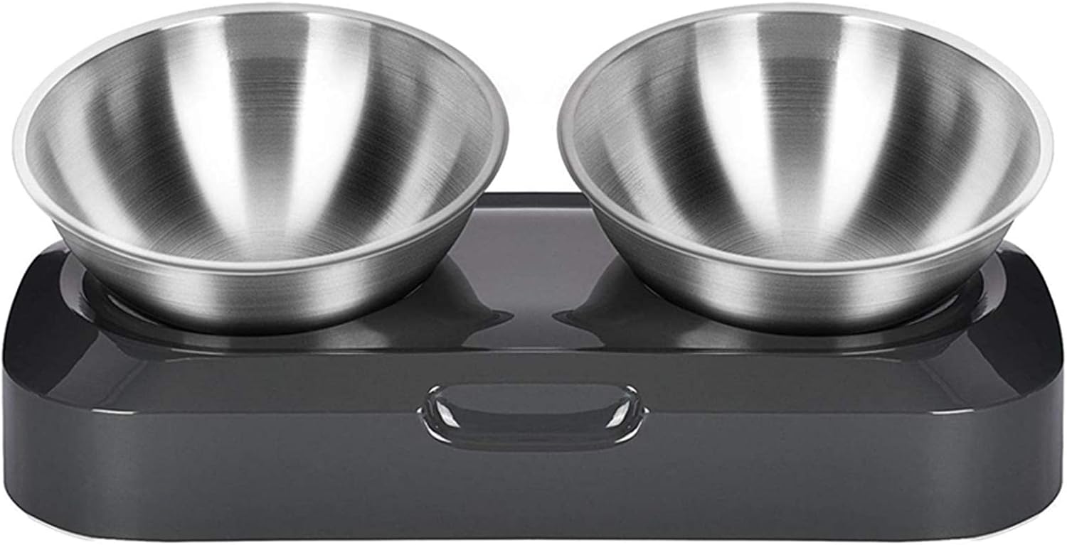 Cat Bowls with Stainless Steel, 15° & 0° Tilting Neck Protective Bowl Easy to Clean & Non-Slip Silicone Mat Raised Puppies Food Feeder for Pets, Cats Small Dogs and Food and Water Feeding