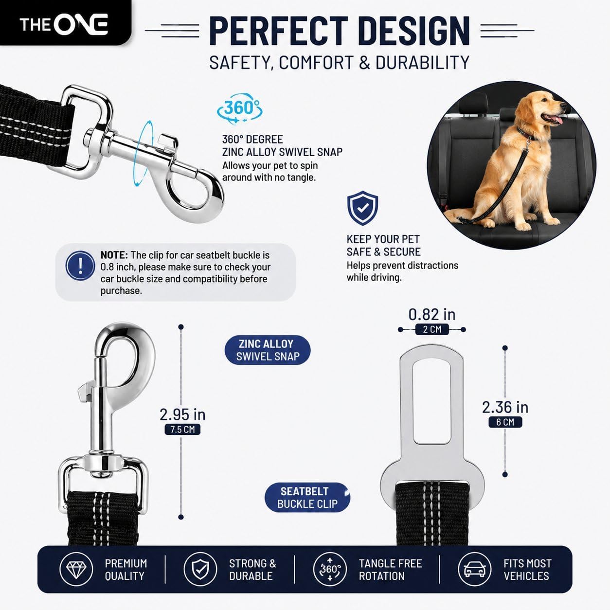 Dog Seat Belts for Cars - Dog Seat Belt Adjustable Elastic Bungee - Strong Durable Dog Car Harness - Car Dog Seat Belt 360 Degree Swivel Attach Won't Twist, Reflective, Easy to Use (BLACK)