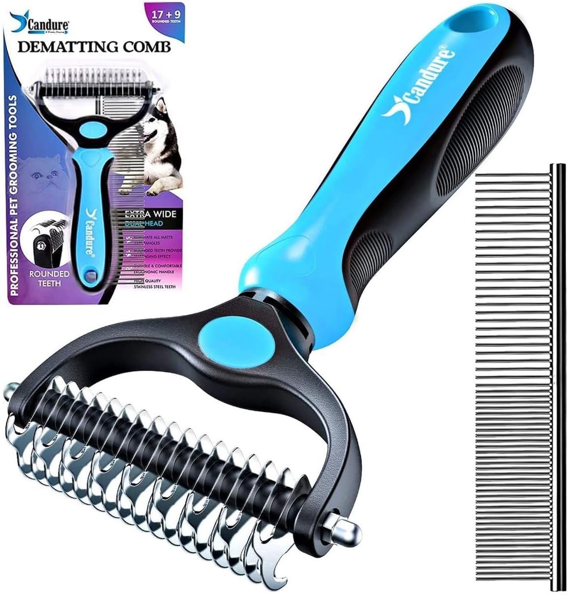 Candure Dematting Comb for Dog and Cat, Pet Grooming Rake and Brushes for Small, Medium & Large Dogs 17+9 Double Sided Deshedding Tool Removes Knots and Tangled Hair (Pink)