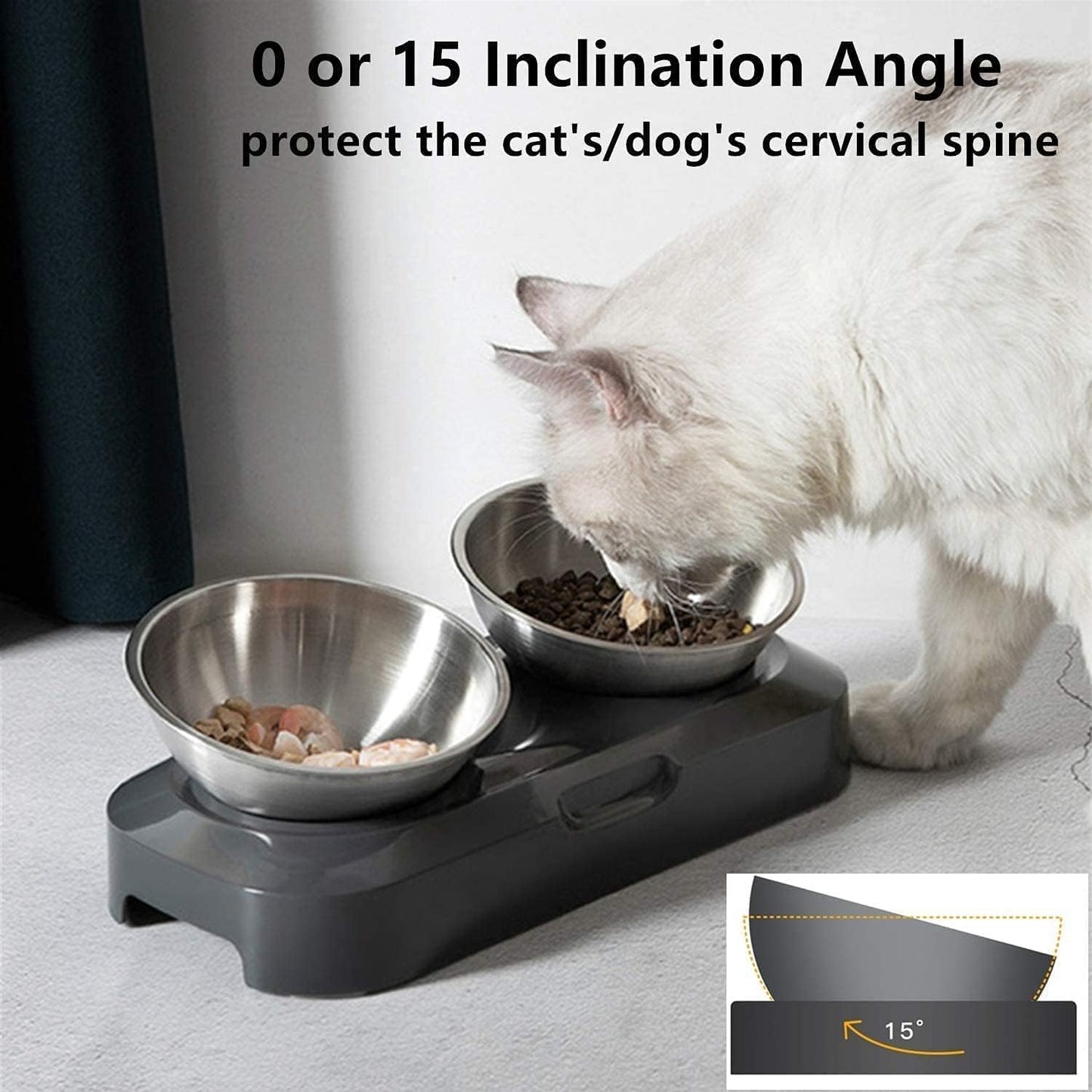 Cat Bowls with Stainless Steel, 15° & 0° Tilting Neck Protective Bowl Easy to Clean & Non-Slip Silicone Mat Raised Puppies Food Feeder for Pets, Cats Small Dogs and Food and Water Feeding