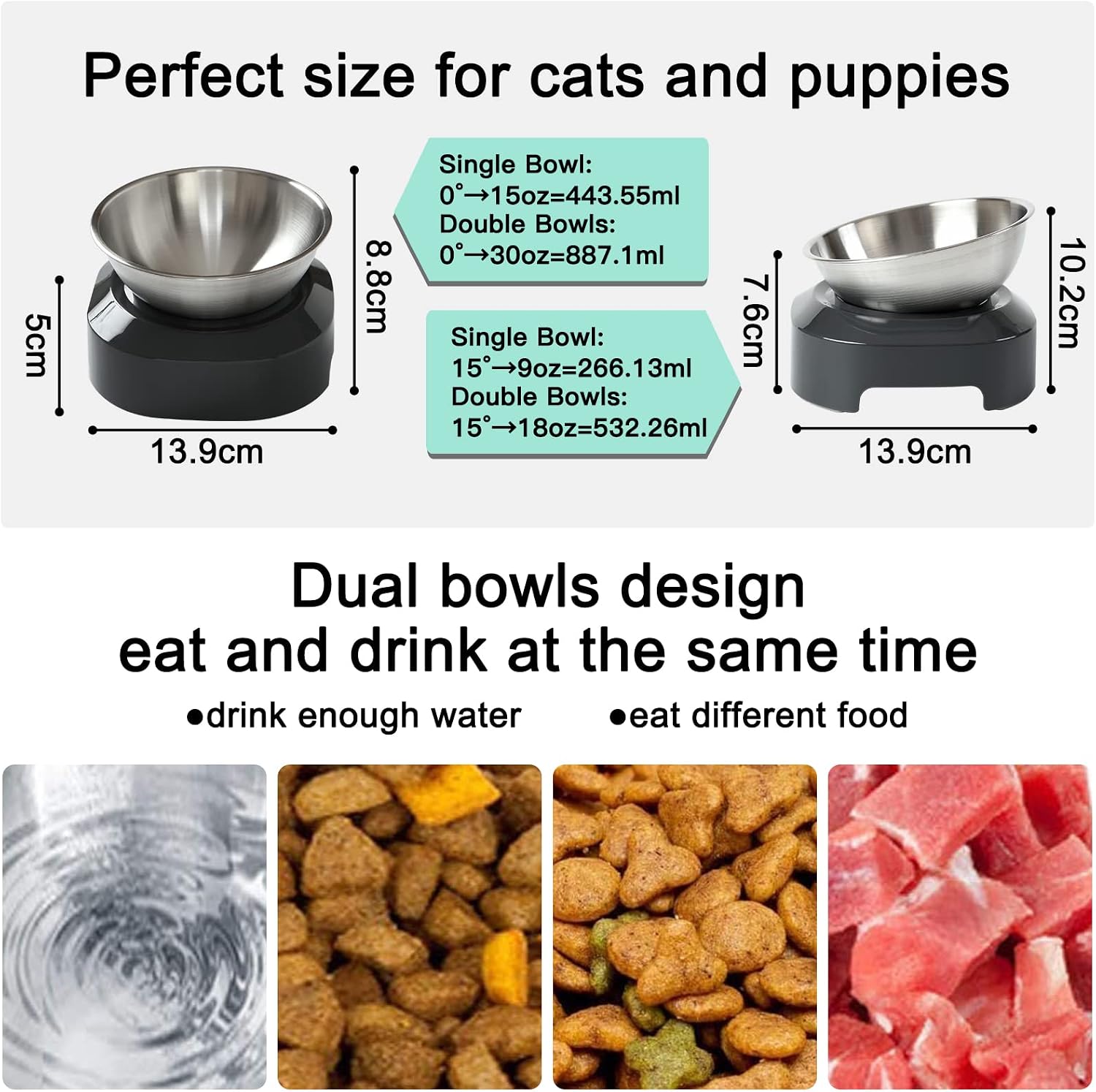 Cat Bowls with Stainless Steel, 15° & 0° Tilting Neck Protective Bowl Easy to Clean & Non-Slip Silicone Mat Raised Puppies Food Feeder for Pets, Cats Small Dogs and Food and Water Feeding