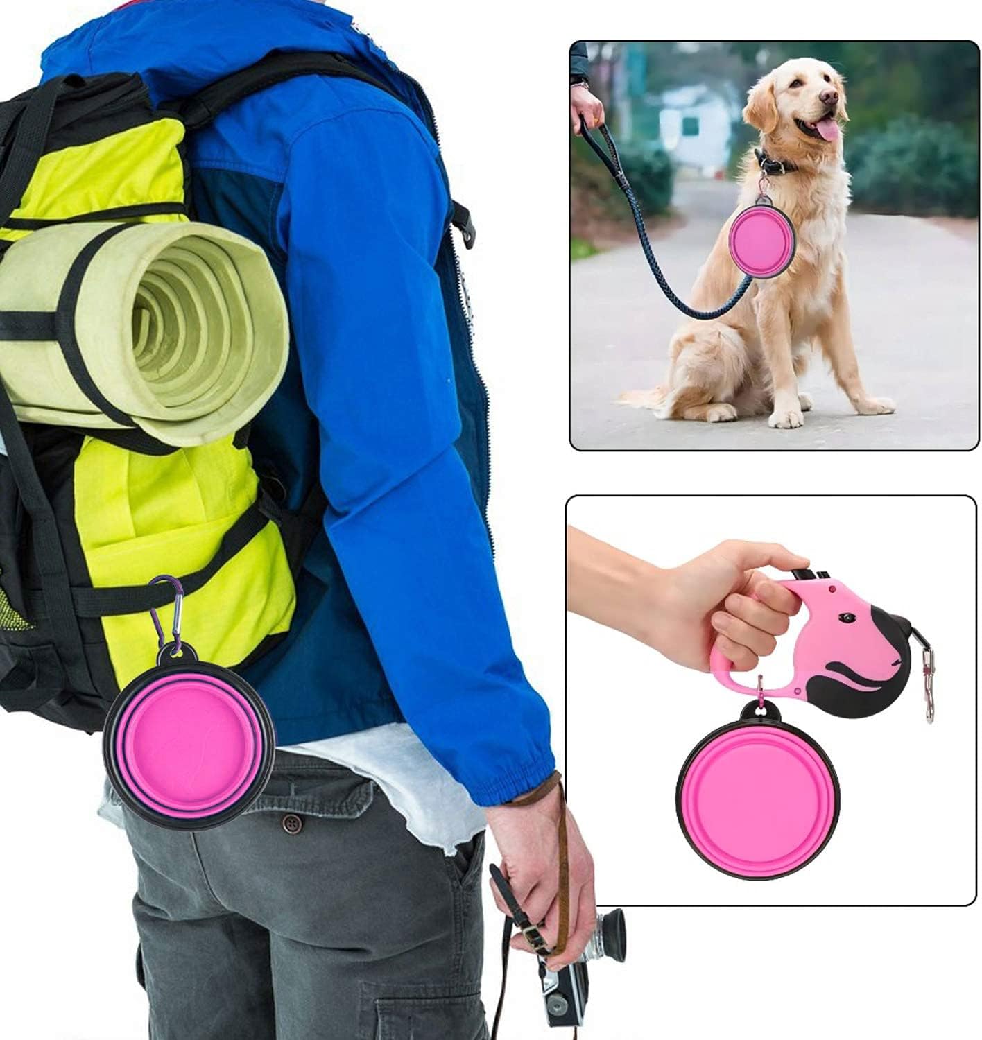 Collapsible Dog Bowl,Collapsible Dog Water Bowls for Cats Dogs, Portable Pet Feeding Watering Dish,Portable Dog Water Food Bowl with Carabiner (Small(350ML), Pink)