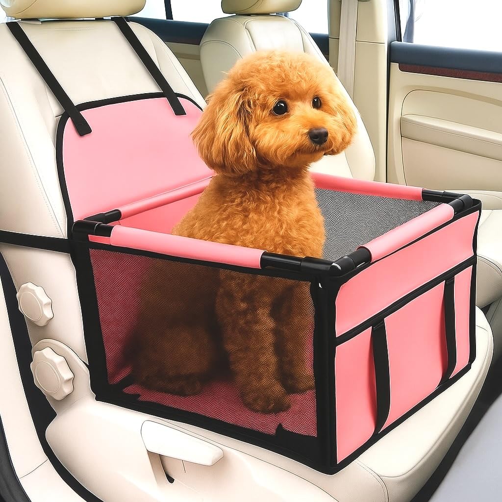 GOBUYER Waterproof Pet Dog Car Seat Booster Carrier Box and Basket with Seat Belt Harness Restraint for Puppy Cat Travel (Black, Standard 40x40cm)