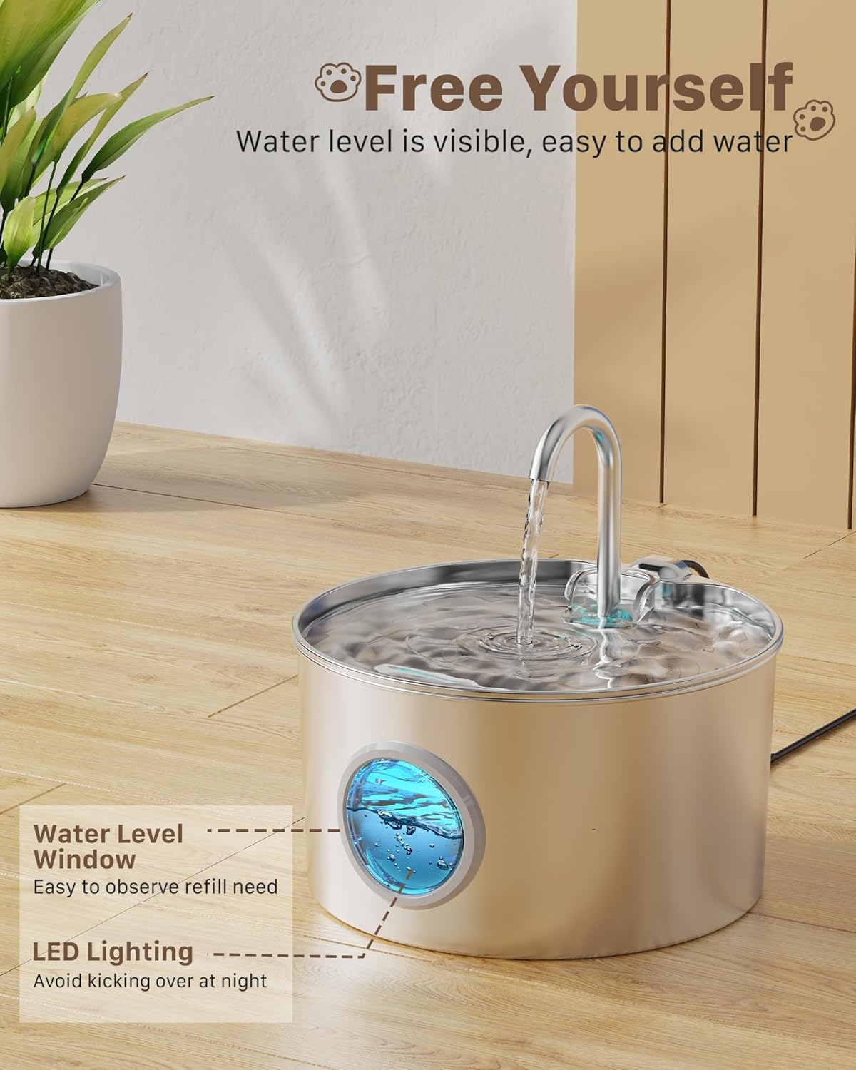 Cat Water Fountain for Drinking: Stainless Steel Cat Fountain - 2.2L Water Fountain Cat Bowl - Pet Water Fountain - Cat Drinking Fountain - Visible Water Level Cat Water Dispensers - GIOTOHUN