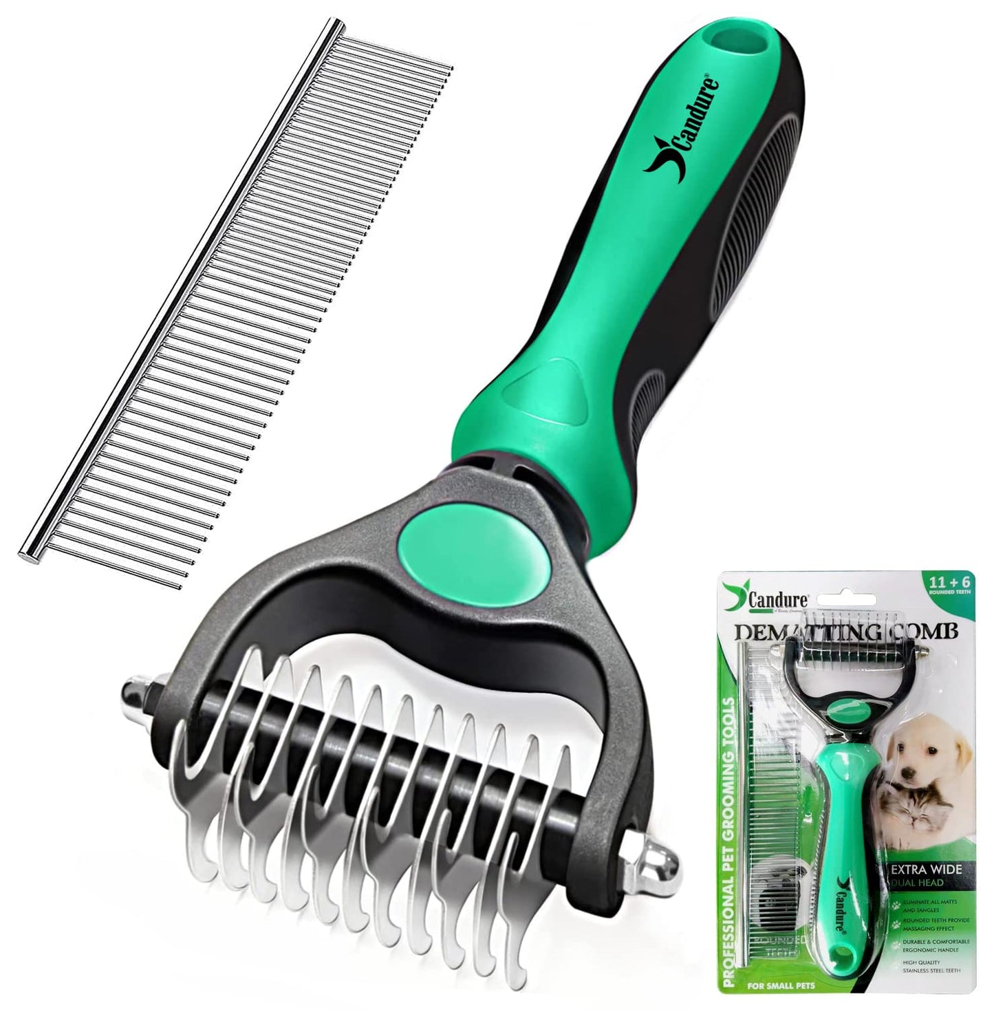 Candure Dematting Comb for Dog and Cat, Pet Grooming Rake and Brushes for Small, Medium & Large Dogs 17+9 Double Sided Deshedding Tool Removes Knots and Tangled Hair (Pink)