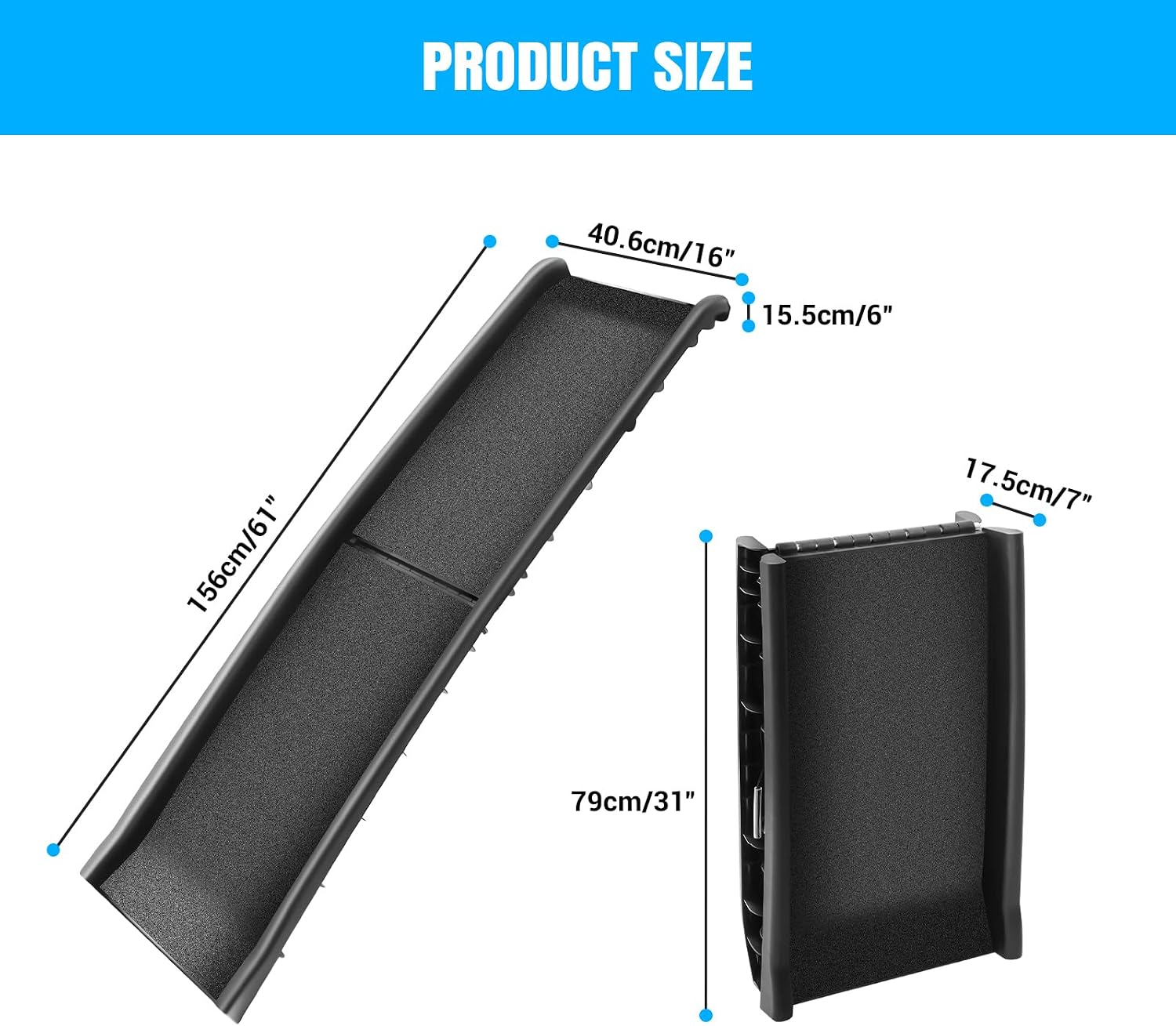 Car Dog Ramp 156cm Foldable Dog Ramps, Protable Stairs for Large Dogs Into a Car, SUV & Truck, Folding Pet Ramp Stairs Up to 90KG Pet Step, Anti-Slip Pad
