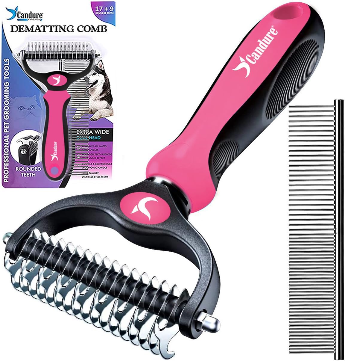 Candure Dematting Comb for Dog and Cat, Pet Grooming Rake and Brushes for Small, Medium & Large Dogs 17+9 Double Sided Deshedding Tool Removes Knots and Tangled Hair (Pink)