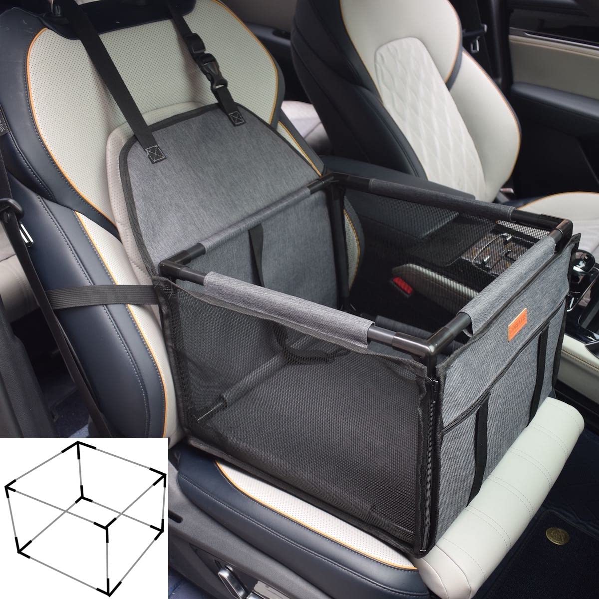 GOBUYER Waterproof Pet Dog Car Seat Booster Carrier Box and Basket with Seat Belt Harness Restraint for Puppy Cat Travel (Black, Standard 40x40cm)