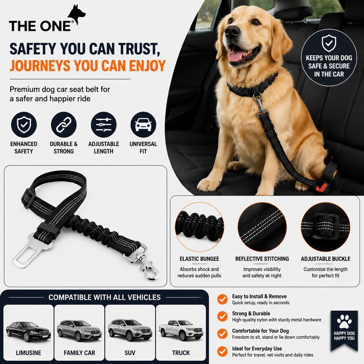 Dog Seat Belts for Cars - Dog Seat Belt Adjustable Elastic Bungee - Strong Durable Dog Car Harness - Car Dog Seat Belt 360 Degree Swivel Attach Won't Twist, Reflective, Easy to Use (BLACK)