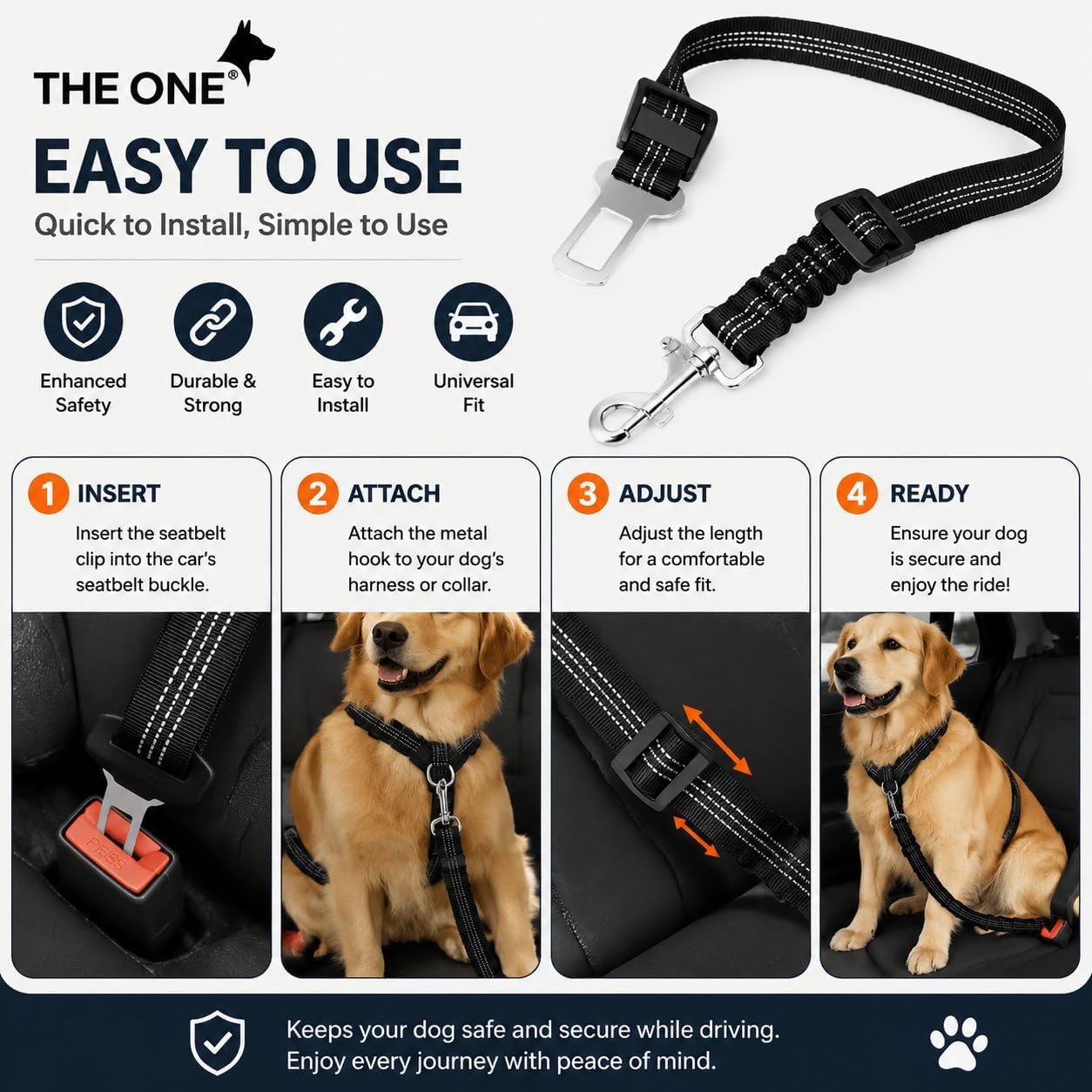 Dog Seat Belts for Cars - Dog Seat Belt Adjustable Elastic Bungee - Strong Durable Dog Car Harness - Car Dog Seat Belt 360 Degree Swivel Attach Won't Twist, Reflective, Easy to Use (BLACK)
