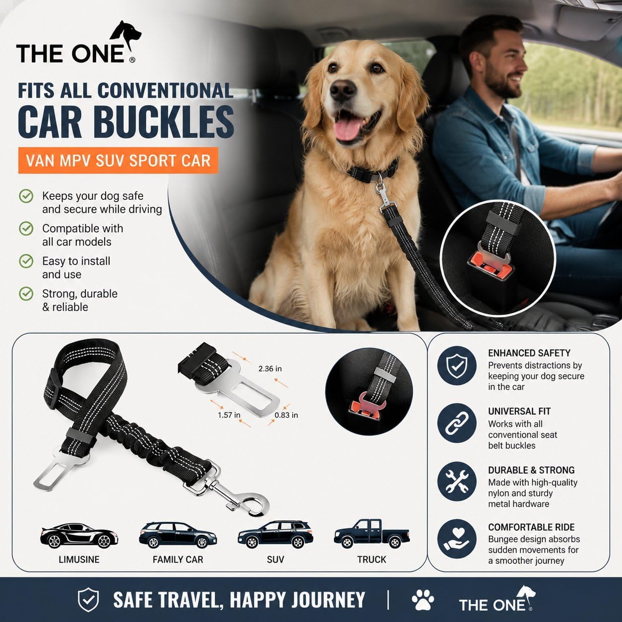 Dog Seat Belts for Cars - Dog Seat Belt Adjustable Elastic Bungee - Strong Durable Dog Car Harness - Car Dog Seat Belt 360 Degree Swivel Attach Won't Twist, Reflective, Easy to Use (BLACK)