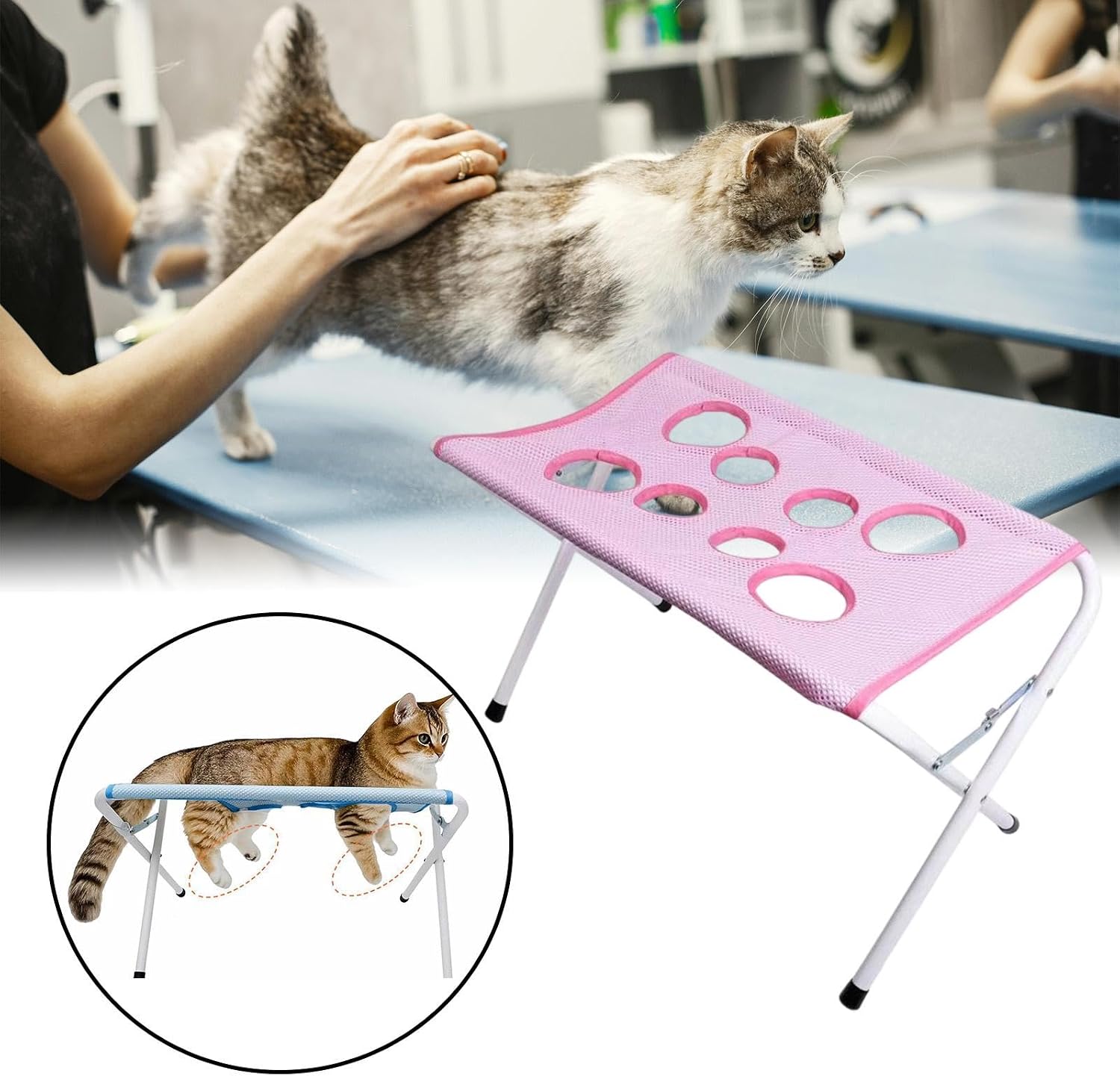 Dog Cat Grooming Harness with Frame Stand, Pet Grooming Hammock, Pink | Foldable, No-Sit, Mesh, Portable, Breathable, Heavy Duty Pet Grooming Sling for Small Dogs Pets Nail Trimming Home Use