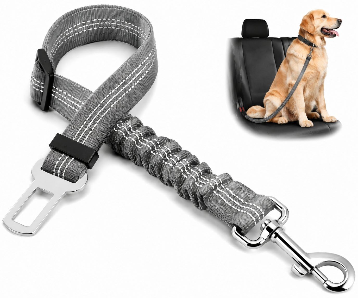 Dog Seat Belts for Cars - Dog Seat Belt Adjustable Elastic Bungee - Strong Durable Dog Car Harness - Car Dog Seat Belt 360 Degree Swivel Attach Won't Twist, Reflective, Easy to Use (BLACK)