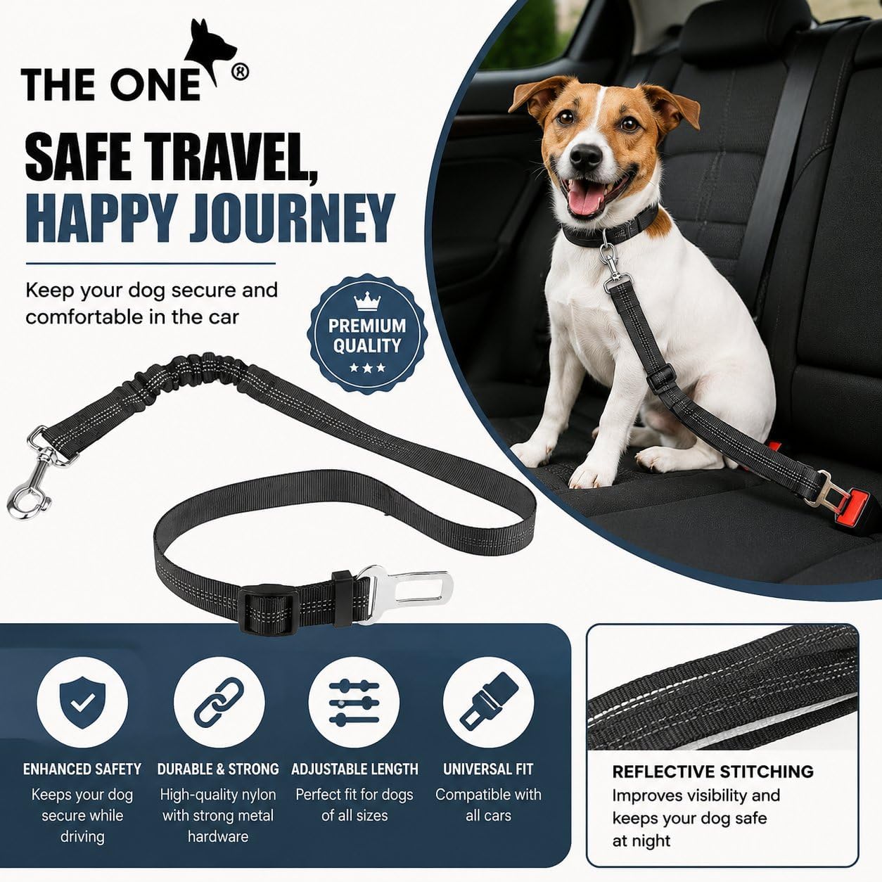 Dog Seat Belts for Cars - Dog Seat Belt Adjustable Elastic Bungee - Strong Durable Dog Car Harness - Car Dog Seat Belt 360 Degree Swivel Attach Won't Twist, Reflective, Easy to Use (BLACK)