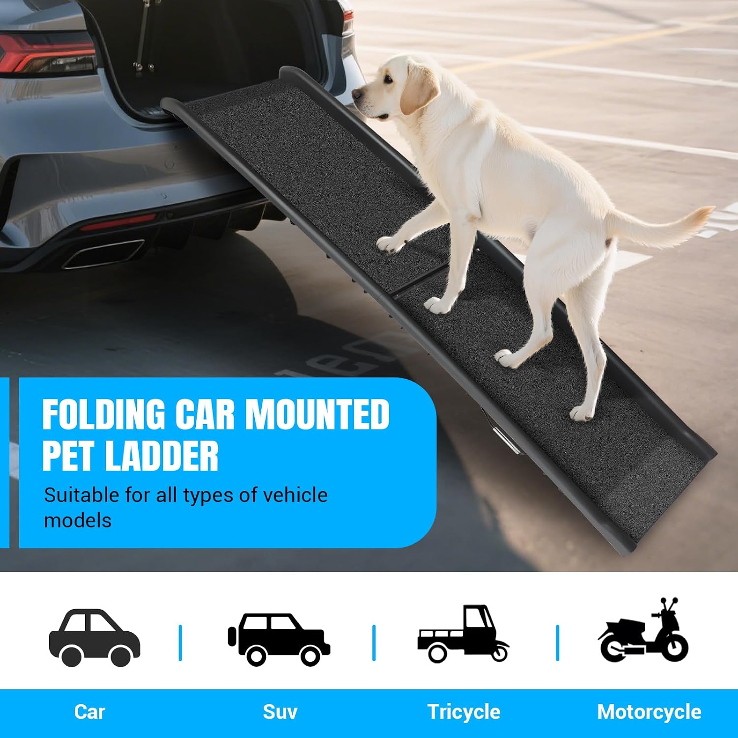 Car Dog Ramp 156cm Foldable Dog Ramps, Protable Stairs for Large Dogs Into a Car, SUV & Truck, Folding Pet Ramp Stairs Up to 90KG Pet Step, Anti-Slip Pad