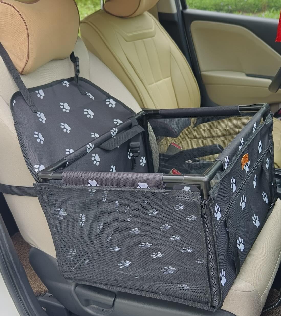 GOBUYER Waterproof Pet Dog Car Seat Booster Carrier Box and Basket with Seat Belt Harness Restraint for Puppy Cat Travel (Black, Standard 40x40cm)