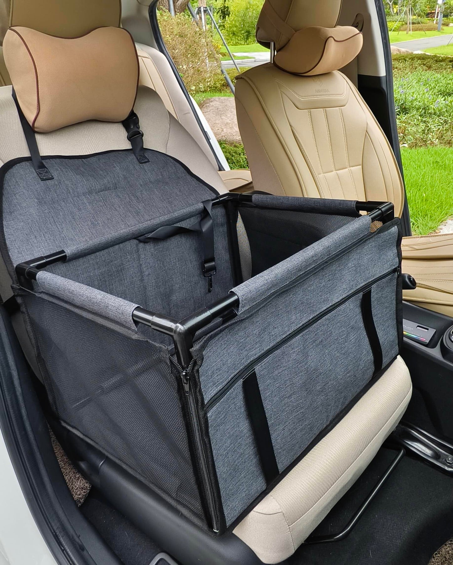 GOBUYER Waterproof Pet Dog Car Seat Booster Carrier Box and Basket with Seat Belt Harness Restraint for Puppy Cat Travel (Black, Standard 40x40cm)