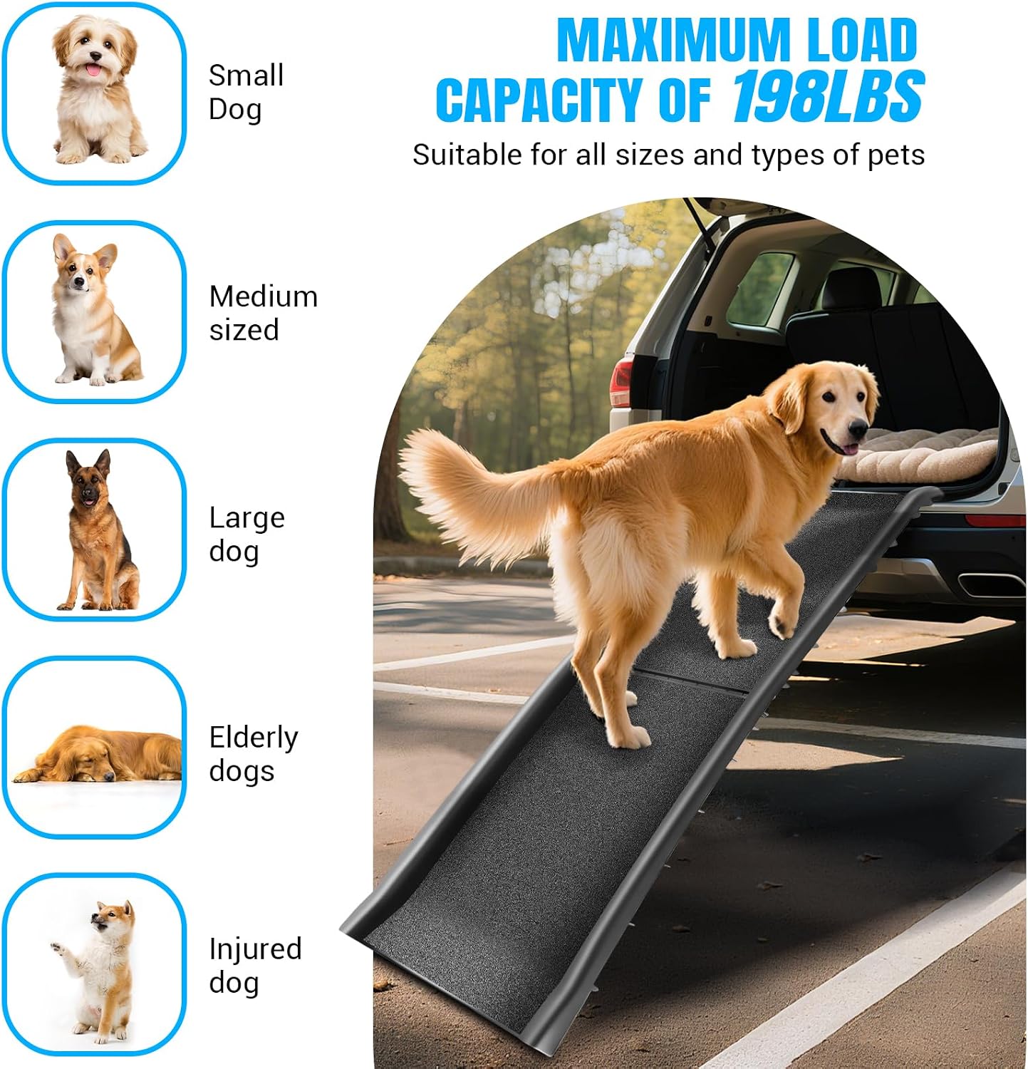 Car Dog Ramp 156cm Foldable Dog Ramps, Protable Stairs for Large Dogs Into a Car, SUV & Truck, Folding Pet Ramp Stairs Up to 90KG Pet Step, Anti-Slip Pad