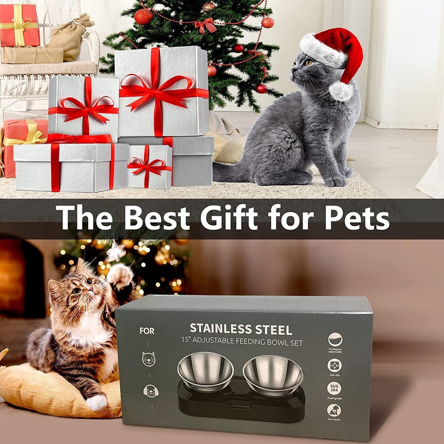 Cat Bowls with Stainless Steel, 15° & 0° Tilting Neck Protective Bowl Easy to Clean & Non-Slip Silicone Mat Raised Puppies Food Feeder for Pets, Cats Small Dogs and Food and Water Feeding