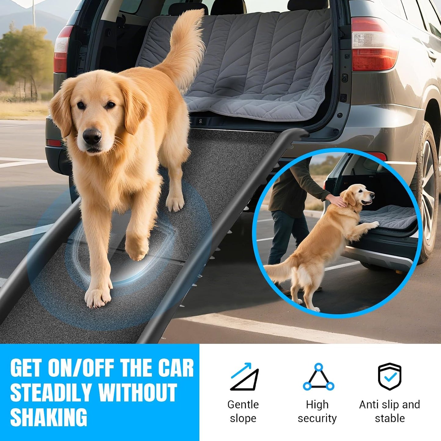 Car Dog Ramp 156cm Foldable Dog Ramps, Protable Stairs for Large Dogs Into a Car, SUV & Truck, Folding Pet Ramp Stairs Up to 90KG Pet Step, Anti-Slip Pad