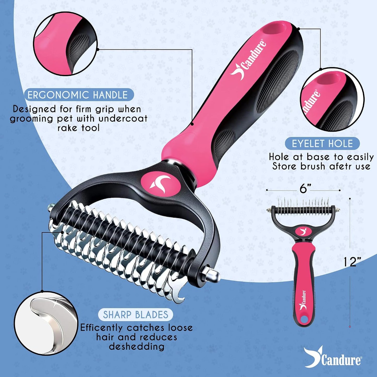 Candure Dematting Comb for Dog and Cat, Pet Grooming Rake and Brushes for Small, Medium & Large Dogs 17+9 Double Sided Deshedding Tool Removes Knots and Tangled Hair (Pink)