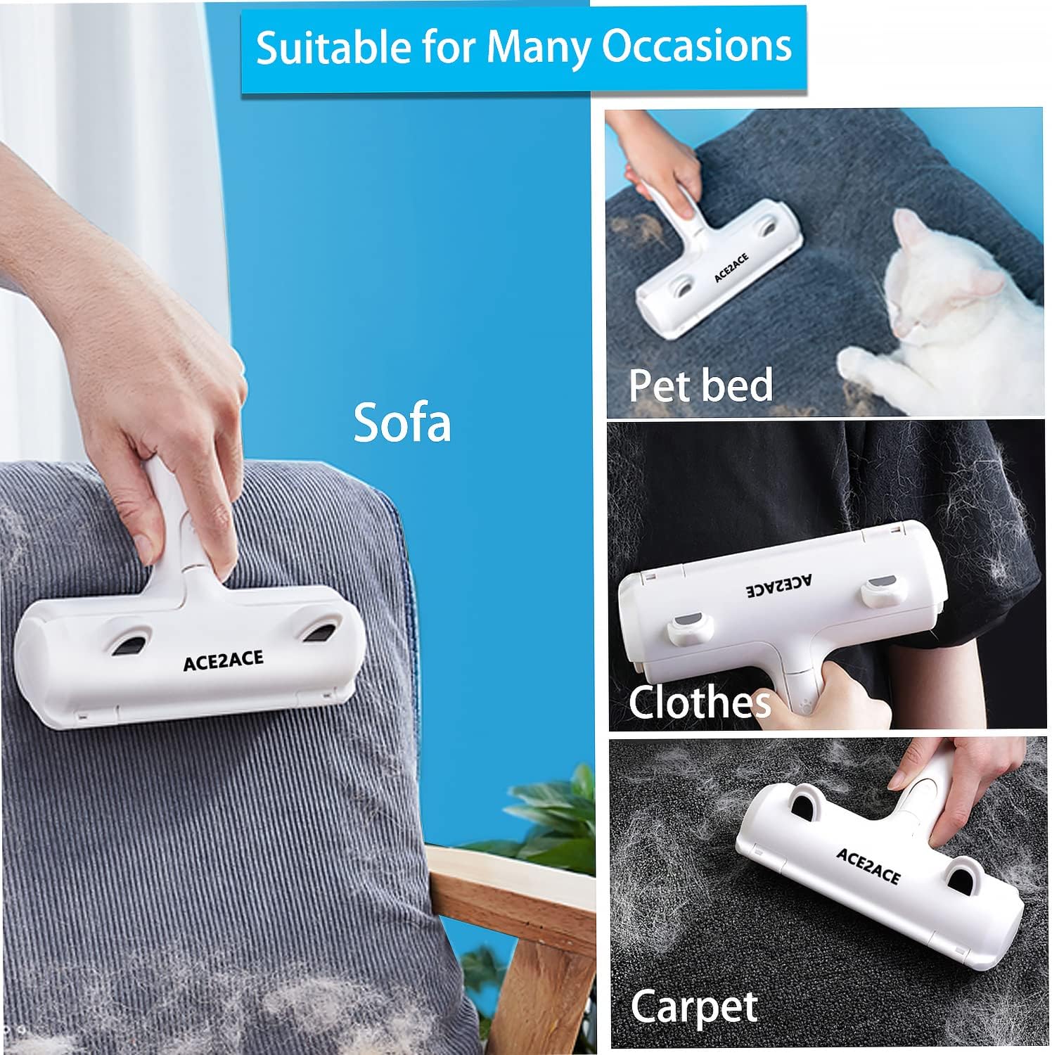 ACE2ACE Pet Hair Remover Roller, Reusable Animal Hair Removal Brush | Dog Cats Fur Removal Tool for Carpet, Furniture, Rugs, Stairs, Bedding,Sofa,Pet Beds Mats and Cat Tree