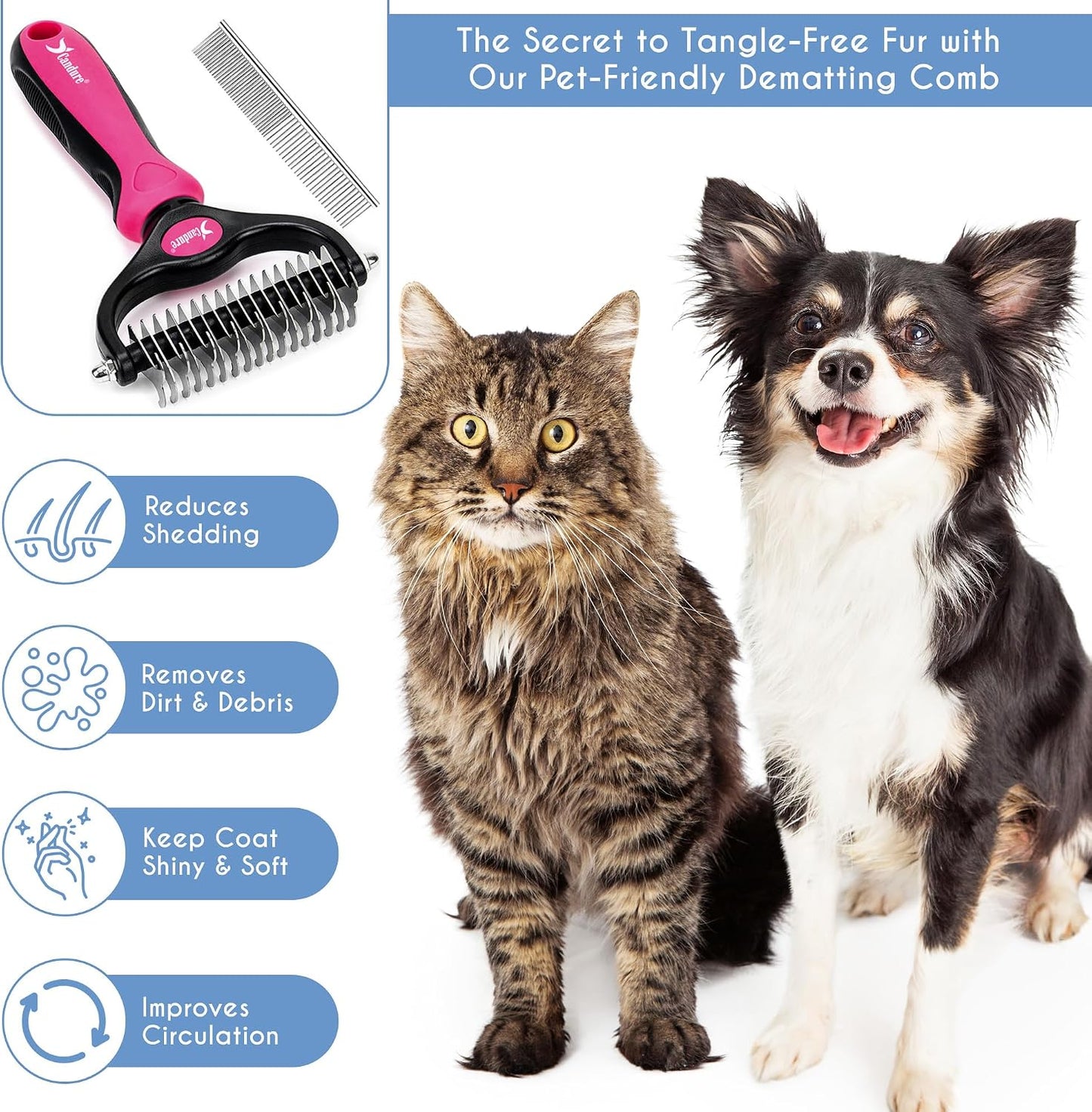 Candure Dematting Comb for Dog and Cat, Pet Grooming Rake and Brushes for Small, Medium & Large Dogs 17+9 Double Sided Deshedding Tool Removes Knots and Tangled Hair (Pink)