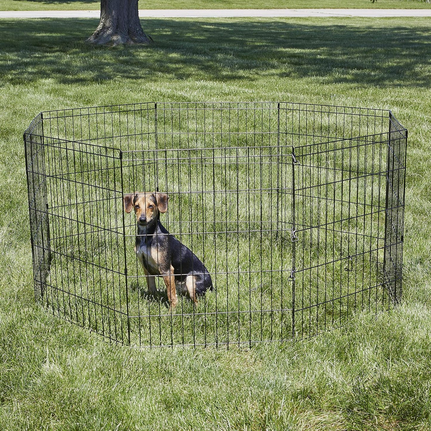 New World Folding Metal Dog Exercise Pen and Pet Playpen with No Door, Includes Grounding Stakes and Provides 1.5 Meters of Play Space, 76cm Tall, Black E-Coated