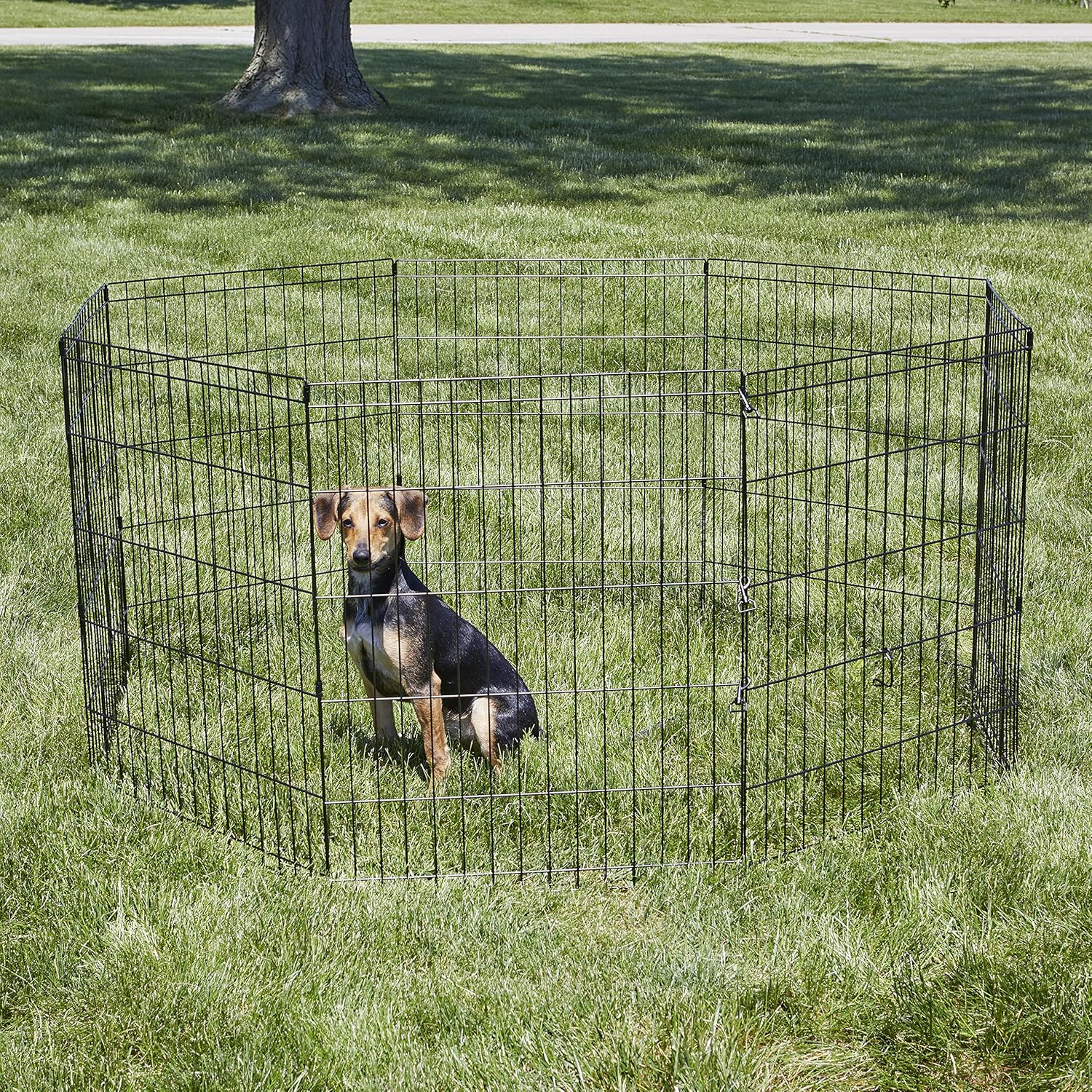 New World Folding Metal Dog Exercise Pen and Pet Playpen with No Door, Includes Grounding Stakes and Provides 1.5 Meters of Play Space, 76cm Tall, Black E-Coated