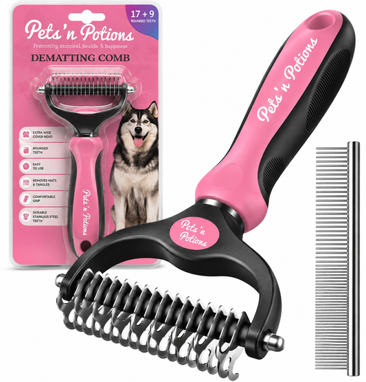 Double-Sided Dematting Comb for Dogs & Cats, 17+9 Teeth Deshedding Grooming Tool, Pink