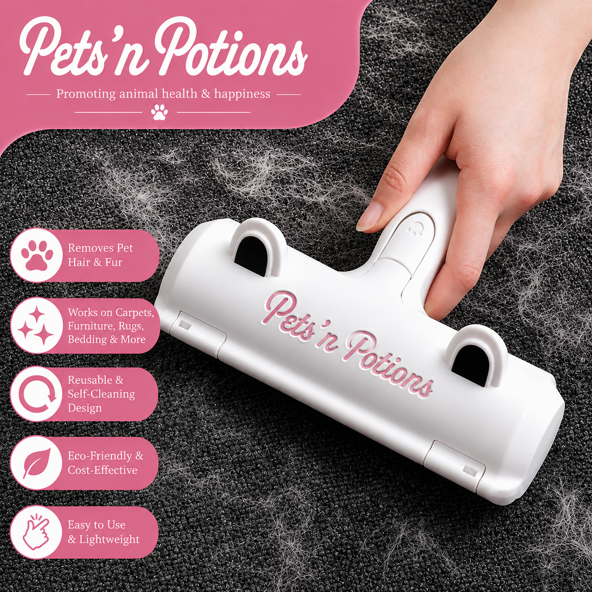 Reusable Pet Hair Remover Roller for Dogs & Cats, Furniture, Carpets, Rugs & Bedding – White