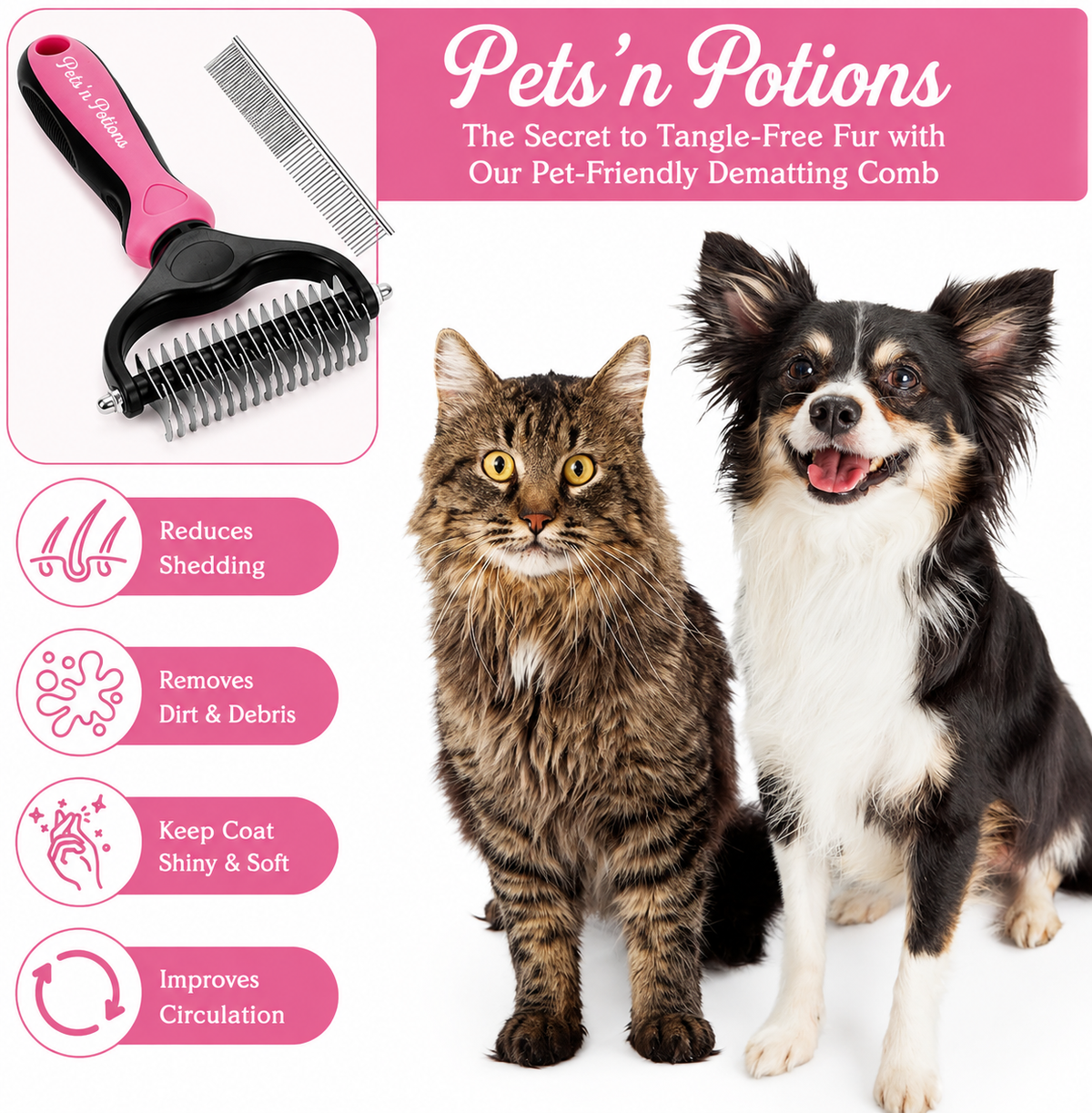 Double-Sided Dematting Comb for Dogs & Cats, 17+9 Teeth Deshedding Grooming Tool, Pink